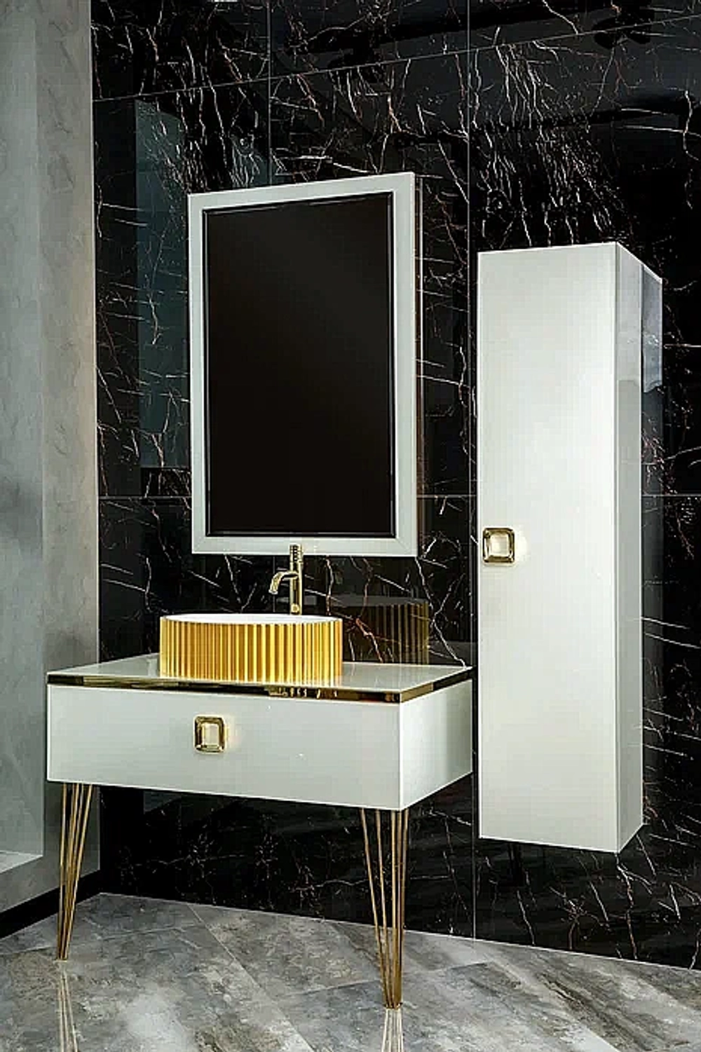 Консоль с раковиной и столешницей Armadi Art LUCIDO WHITE 80 жемчужный белый