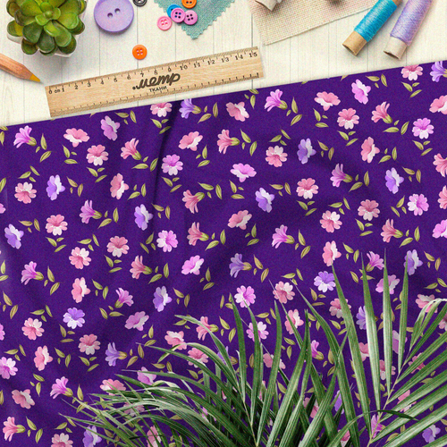 Ткань оксфорд 210 мягкие цветы на фиолетовом фоне