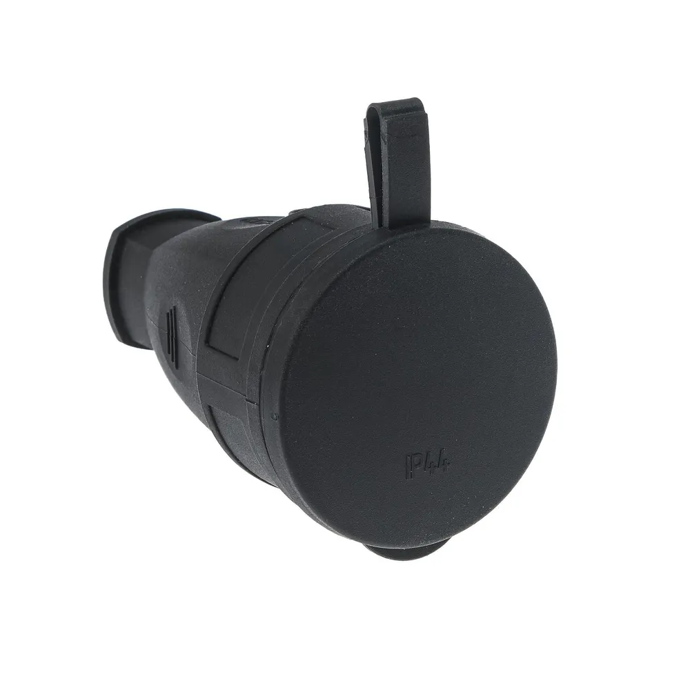 Розетка переносная 16-005, 16 А, 250 В, IP44, с з/к, с заглушкой, каучук, черная