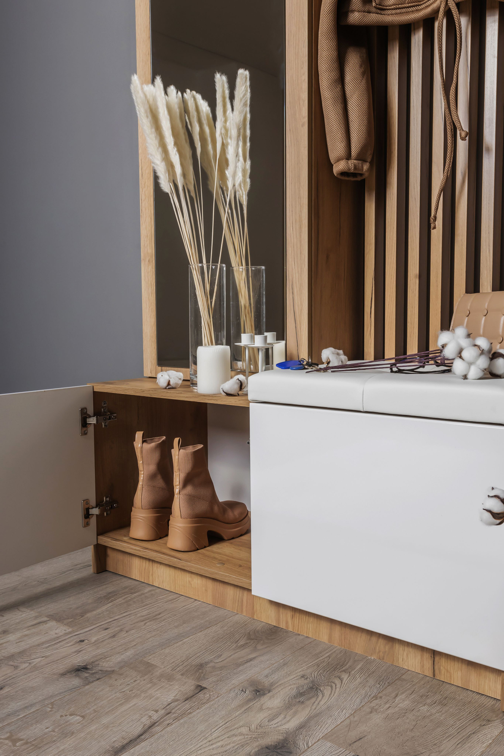 Прихожая с зеркалом комплект мебели Дуб Крафт Золотой/Серый Шифер, Бостон, 250х51х236 см Стиль