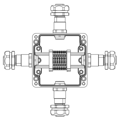 Взрывозащищенная клеммная коробка из полиэстера TBE-P-03-(6xCBC.2)-1xKAEPM2MHK-20(A)-1xKAEPM2MHK-20(B)-1xKAEPM2MHK-20(C)-1xKAEPM2MHK-20(D)1Ex e IIC Т5 Gb / Ex tb IIIC T95°C Db IP66/КЗ