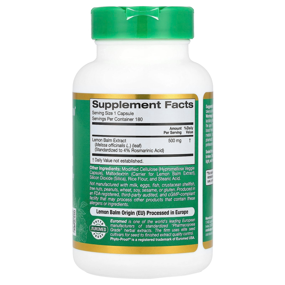 California Gold Nutrition, EuroHerbs™, экстракт мелиссы лекарственной, качество Euromed, 500 мг, 180 растительных капсул