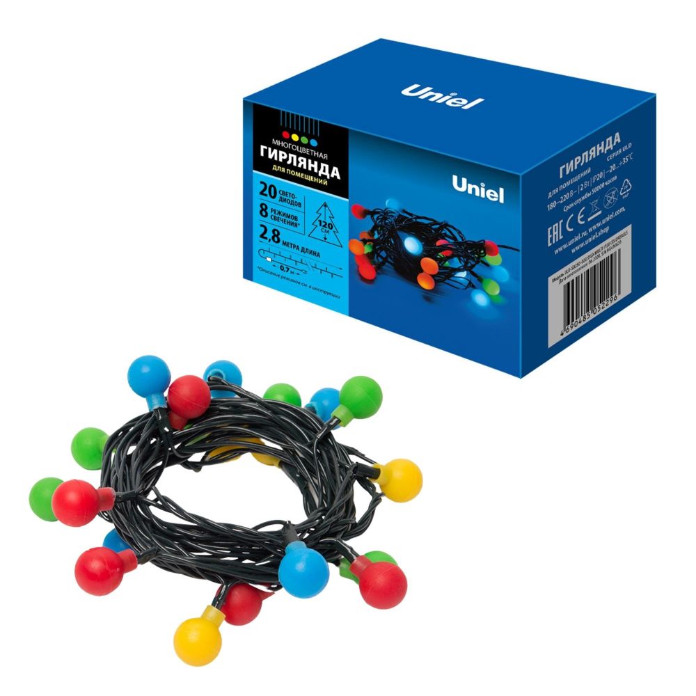 ULD-S0280-020-DGA MULTI IP20 COLORBALLS Гирлянда светодиодная с контроллером Разноцветные шарики. 20 светодиодов. длина 2.8 м. цвет свечения разноцветный. IP20. провод зеленый. упаковка- картон.