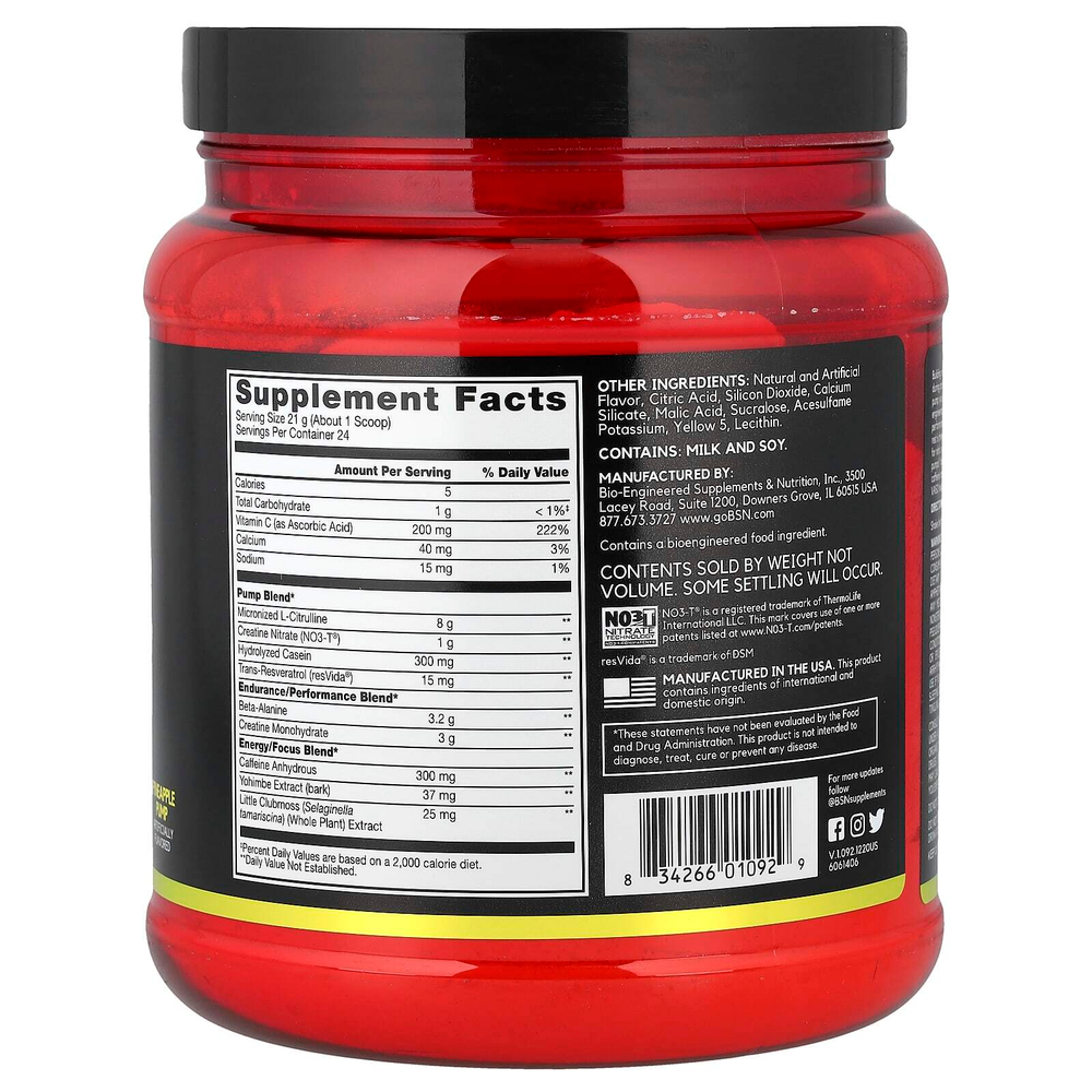 BSN, No-Xplode® VASO, предтренировочный комплекс для роста мышц, ананас, 504 г (1,11 фунта)