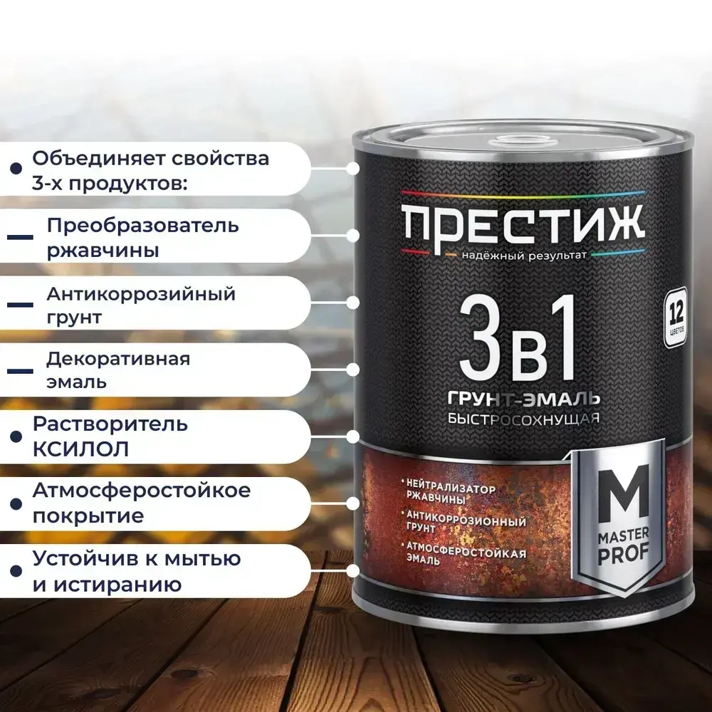 Грунт-эмаль 3 В 1 ЧЕРНАЯ 0,9 кг. Краска по металлу, по ржавчине, для дерева БЫСТРОСОХНУЩАЯ Престиж Мастер