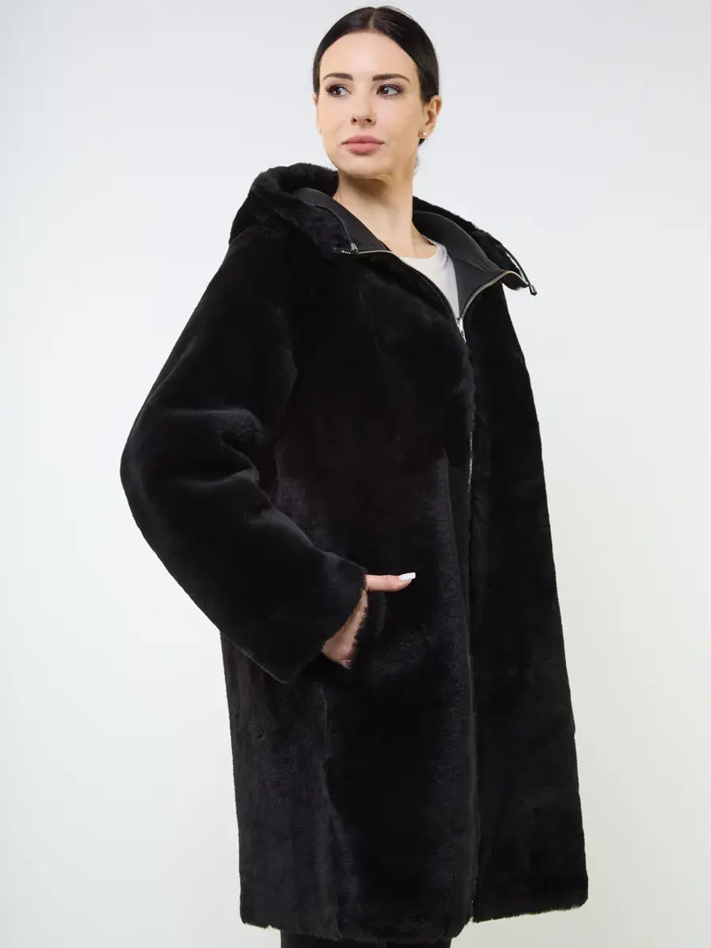 Дубленка зимняя двухсторонняя шуба с капюшоном