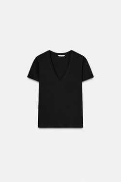 ZARA ФУТБОЛКА INTERLOCK С V-ОБРАЗНЫМ ВЫРЕЗОМ, ЧЕРНЫЙ