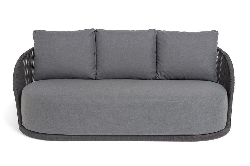 "Монтелла" диван 3-местный плетеный из роупа, каркас алюминий темно-серый (RAL7024) муар, роуп темно-серый круглый, ткань темно-серая 027