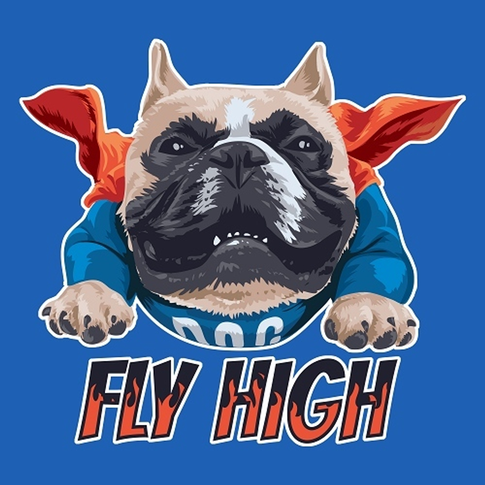 принт PewPewCat с бульдогом Fly High для синей футболки