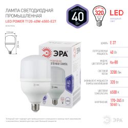 Лампа светодиодная POWER ЭРА STD LED T120-40W-6500-E27 40Вт колокол холодный дневной свет Е27