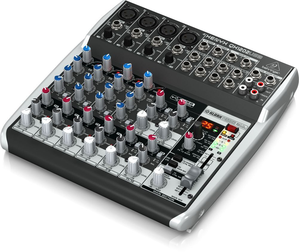 Behringer QX1202USB аналоговый микшер, 12 каналов, 4 мик. + 4 лин. стерео, 1 AUX, DSP FX Klark Teknik, USB-audio, Main L/R- Jack, 4 компрессора