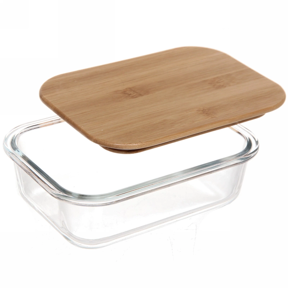 Контейнер стеклянный 600мл «Хай-Тек» прямоугольный с бамбуковой крышкой