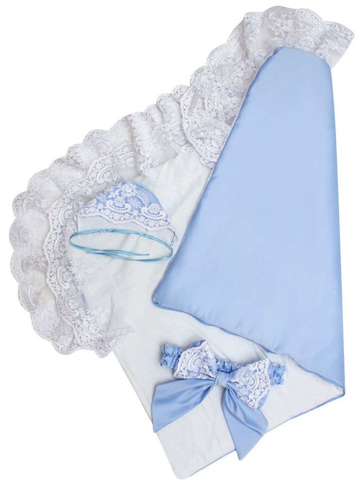 Конверт-одеяло на выписку &quot;Королевский&quot; (голубой с белым кружевом)