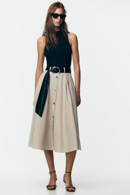ZARA КОМБИНИРОВАННОЕ ПЛАТЬЕ С ПОЯСОМ, ЭКРЮ/ЧЕРНЫЙ