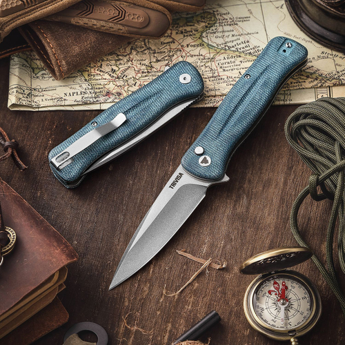 Складной туристический нож TRIVISA Dor-04Bu клинок 14C28N рукоять микарта (синий)