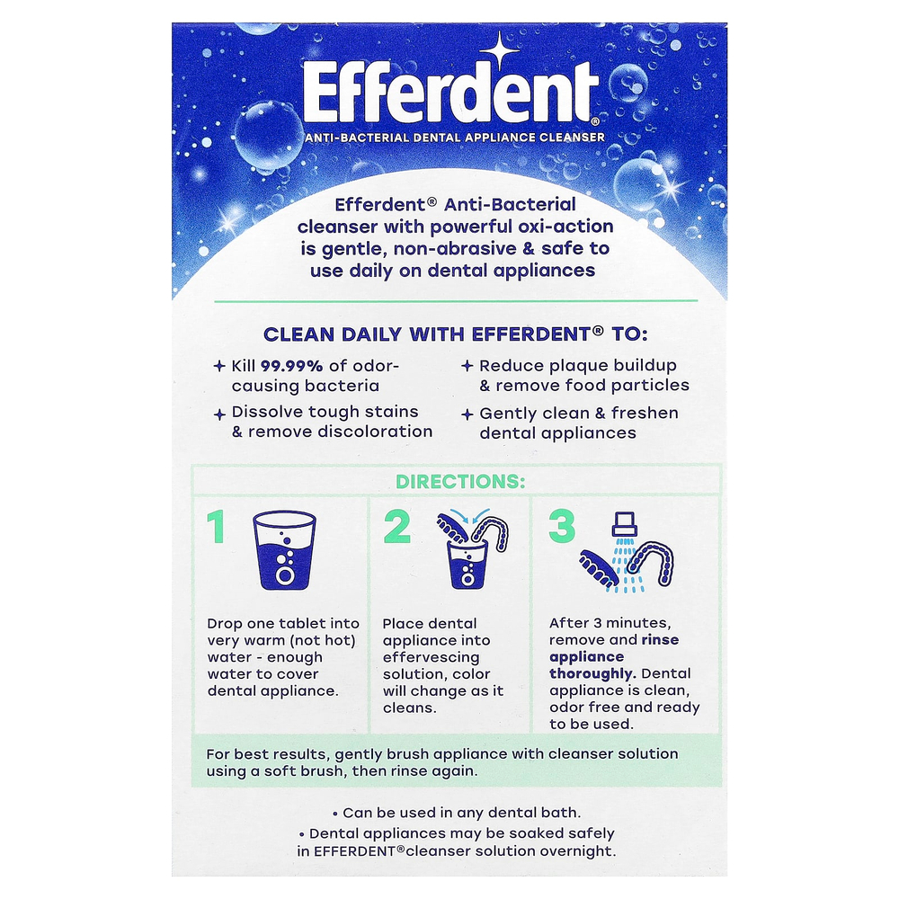 Efferdent, Антибактериальное очищающее средство для зубов, мятный свежий и чистый, 90 таблеток