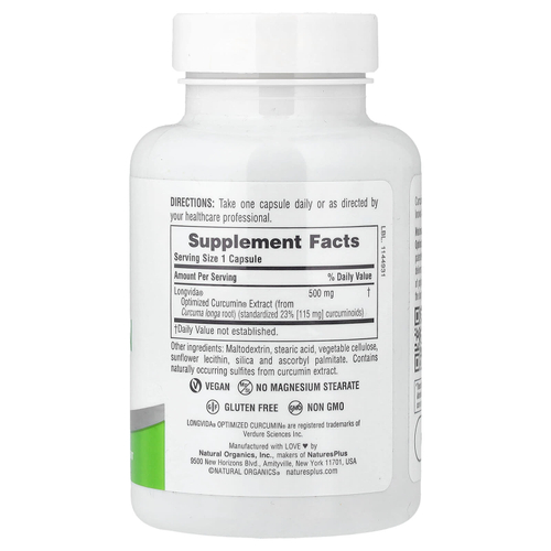 NaturesPlus, Pro Longvida®, куркумин, 500 мг, 60 капсул