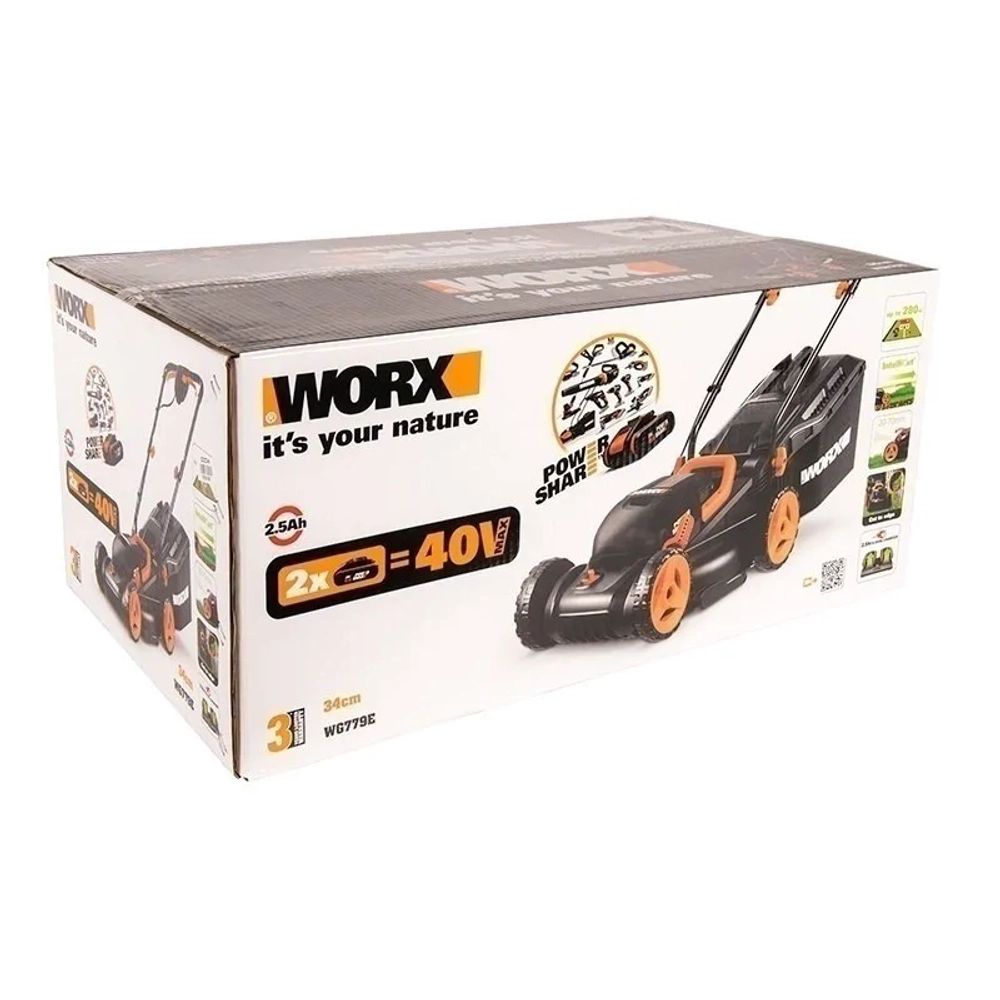 Аккумуляторная газонокосилка WORX WG779E 40В (2 x 2.5 Ач, ЗУ) нож 34 см, WG779E