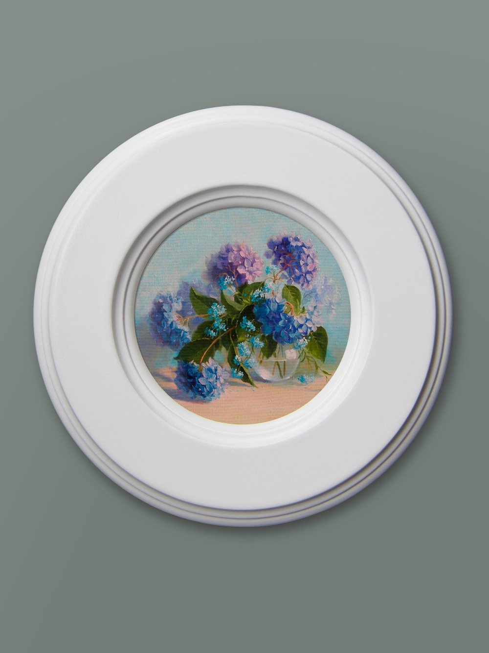 Картина на натуральном холсте в круглой деревянной раме "Цветы прованса"