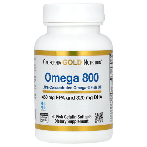 California Gold Nutrition, омега 800, ультраконцентрированный рыбий жир с омега-3, в форме триглицеридов KD-Pur, 30 капсул из рыбьего желатина (1000 мг в 1 капсуле)