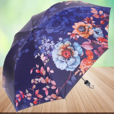 Зонт механический ветроустойчивый, матовая ручка «BESTzontik - exoticа», цветы на темно синем, длина 25см, d-110см