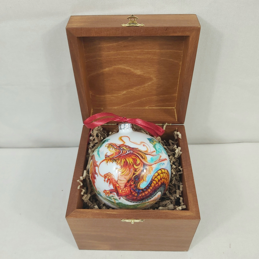 Коллекционный елочный шар с росписью Палех "Дракон" в деревянной шкатулке