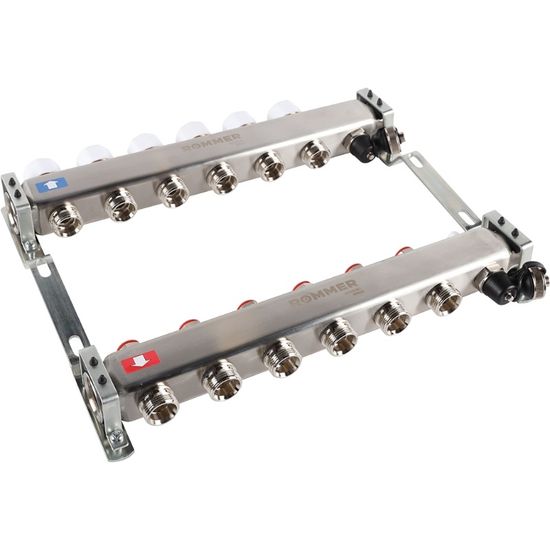 Коллектор Rommer 1"x3/4" на 6 контуров с запорными клапанами (нерж. сталь) RMS-3201-000006