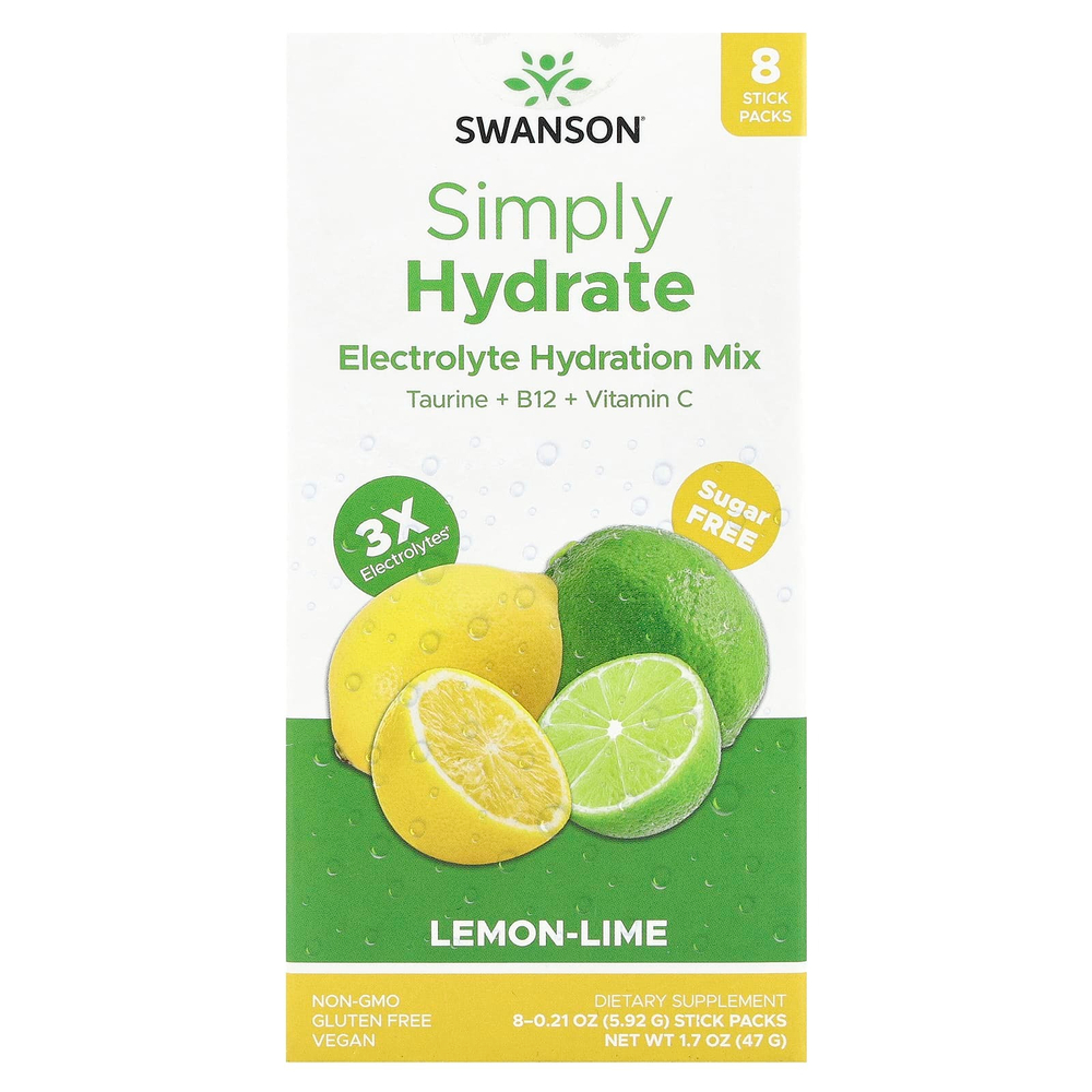 Swanson, Simply Hydrate, смесь для гидратации электролитов, лимон и лайм, 8 пакетиков в виде стиков по 5,92 г (0,21 унции)