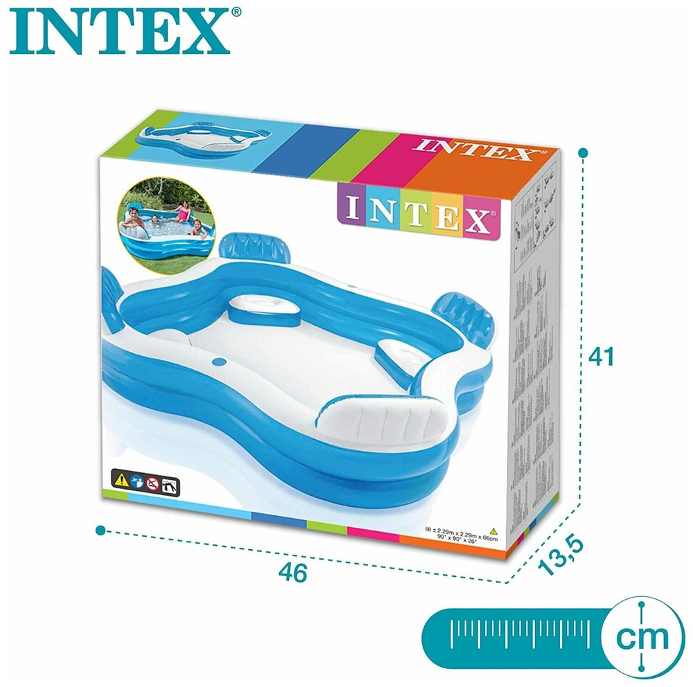 Бассейн надувной Intex 56475 Swim Center Family Lounge 229х229х66 см / Квадратный бассейн Интекс с сиденьями и спинками для дачи и отдыха
