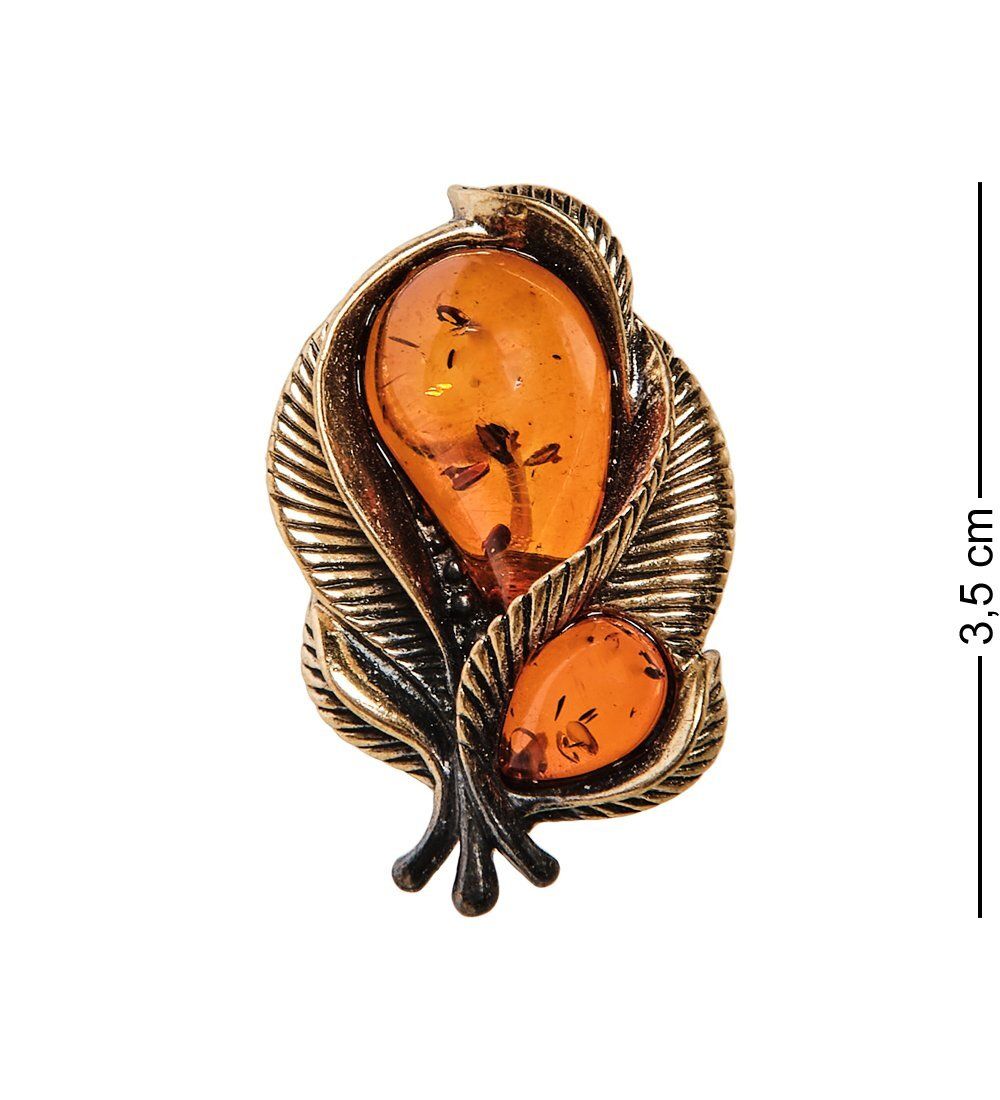 AM-2564 Брошь «Винтажный листик» (латунь, янтарь)