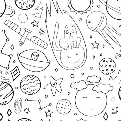 Кот в космосе. Планеты. Дудлы. Черно-белый