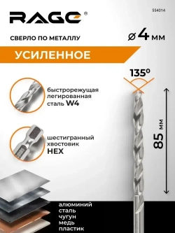 Сверло по металлу с шестигранным хвостовиком 4 мм RAGE by VIRA