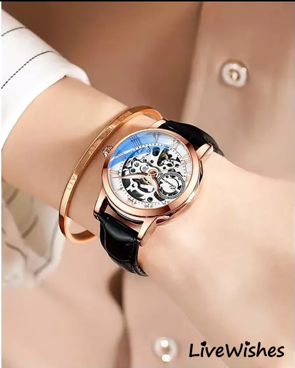 Часы наручные механические с автоподзаводом скелетоны CHENXI на кожаном ремешке, медный/черный W9090-02