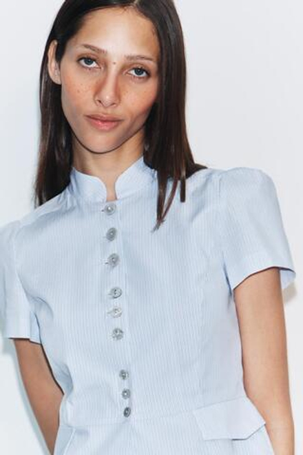 ZARA ТОП С КОРОТКИМИ РУКАВАМИ И ПУГОВИЦАМИ, СИНИЙ/БЕЛЫЙ