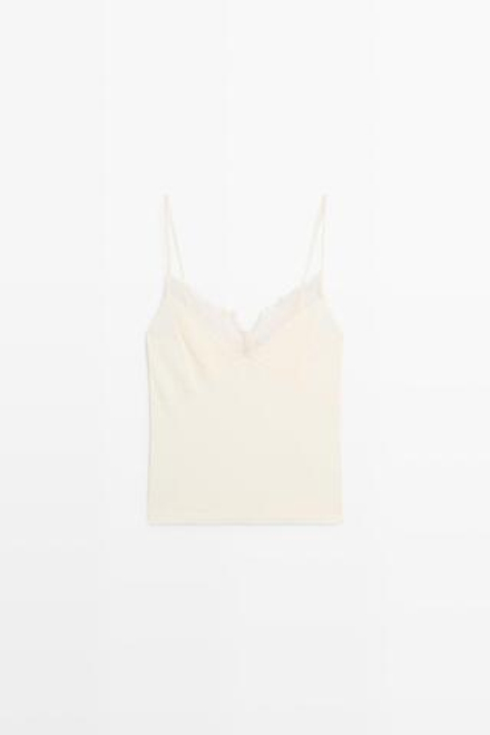 Massimo Dutti Топ на бретелях с кружевной отделкой, натуральный/кремовый