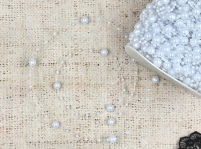 Тесьма жемчуг бусина на леске, d 8 мм/ 3 мм, белый