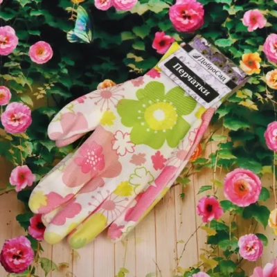 Перчатки нейлоновые «Фантазия-Цветочный рай» с ПВХ покрытием полуоблитые 8 р-р ДоброСад
