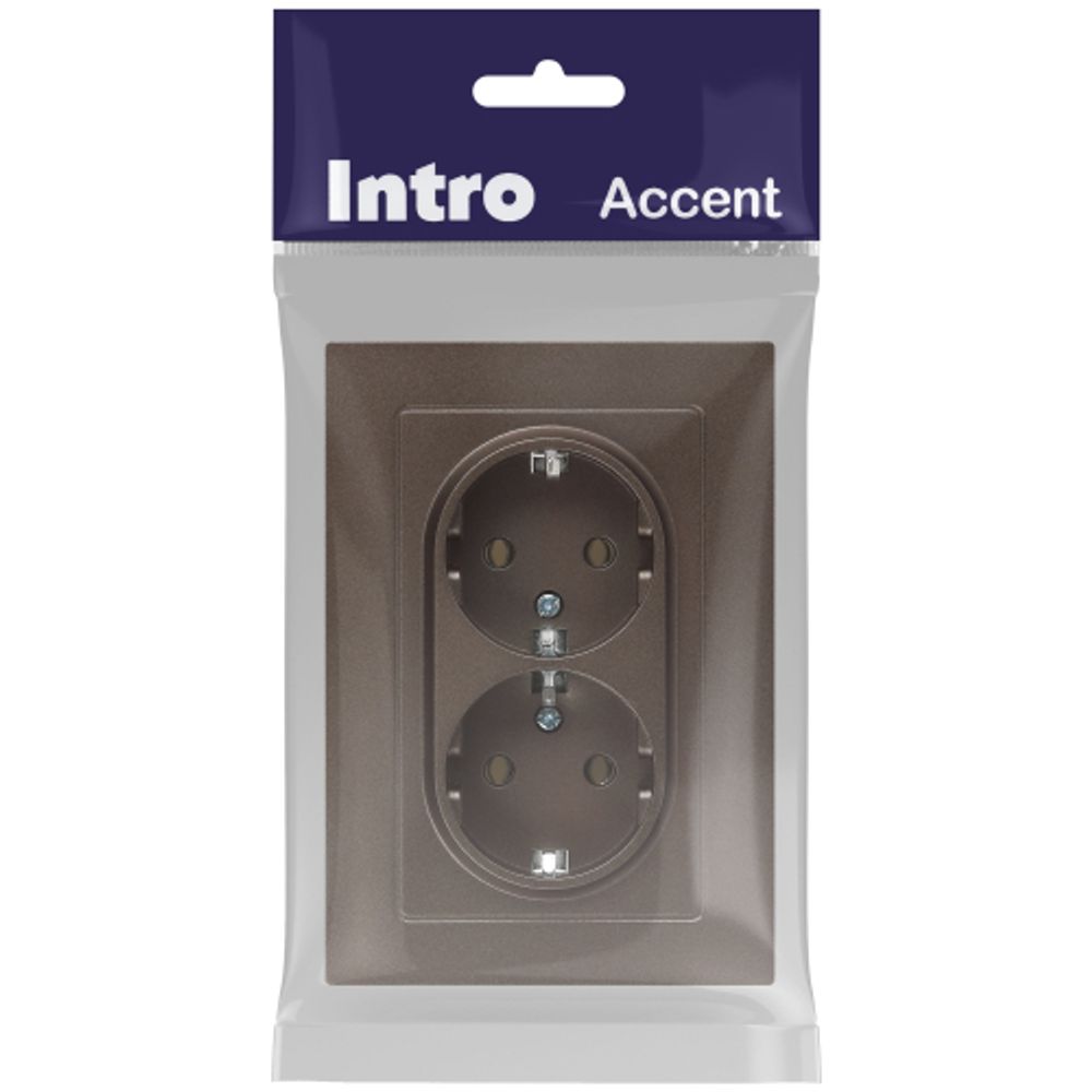 Розетка Intro Accent 6-205-08 двойная с заземлением 2X2P+E Schuko 16А-250В IP20 СУ AL/CU бронза