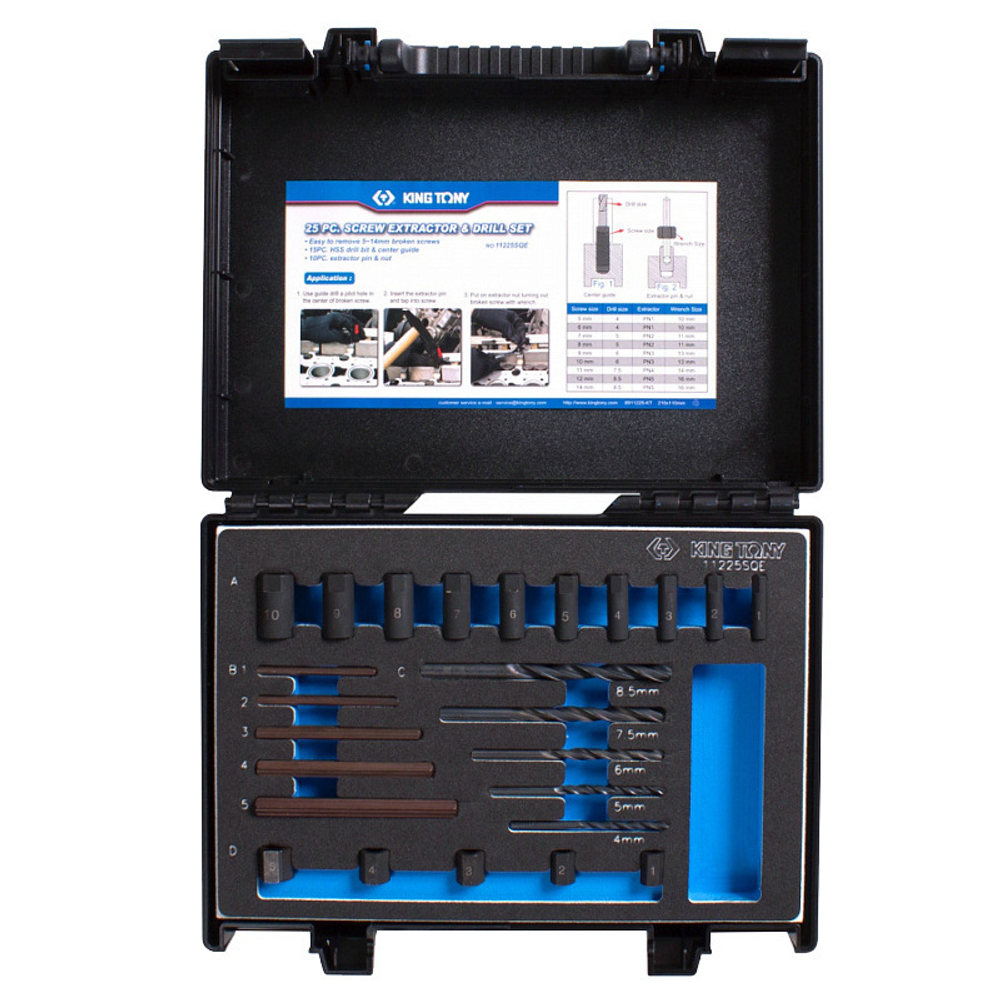 KING TONY (11225SQE) Набор для извлечения поврежденного крепежа 5-14 мм, 25 предметов