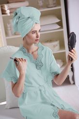 BAMBOO бирюзовый махровый женский халат и полотенце Tivolyo Home Турция