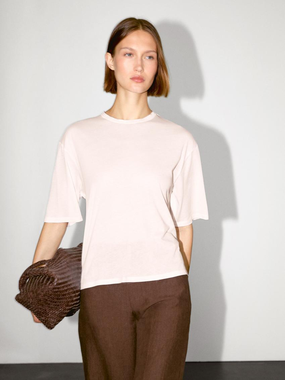 Massimo Dutti Футболка из 100% хлопка с коротким рукавом, пастельно-розовый