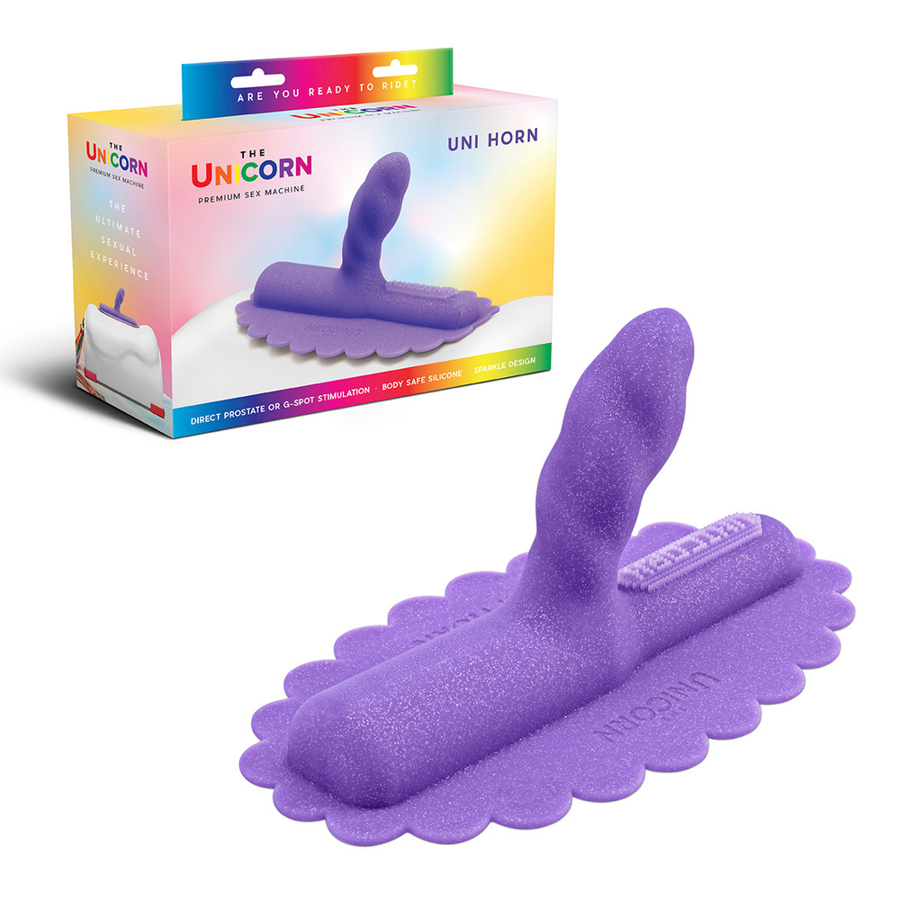 Фиолетовая насадка с блестками для премиум секс-машины UNICORN UNI HORN COWGIRL