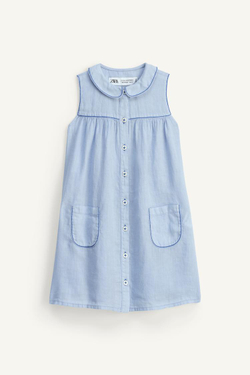 ZARA ЛЬНЯНОЕ ПЛАТЬЕ, ПАСТЕЛЬНО-ГОЛУБОЙ