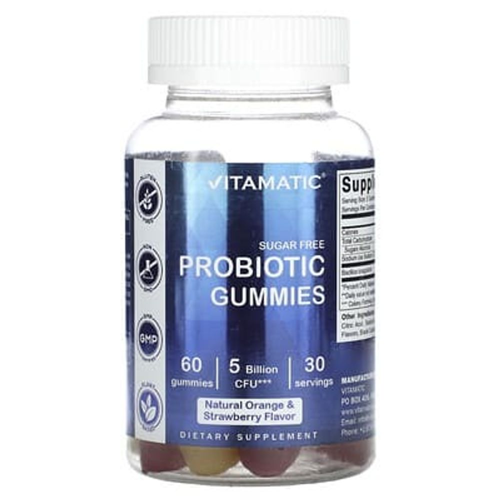 Vitamatic, Жевательные мармеладки с пробиотиками, без сахара, натуральный апельсин и клубника, 60 жевательных таблеток (2,5 млрд КОЕ в 1 жевательной таблетке)