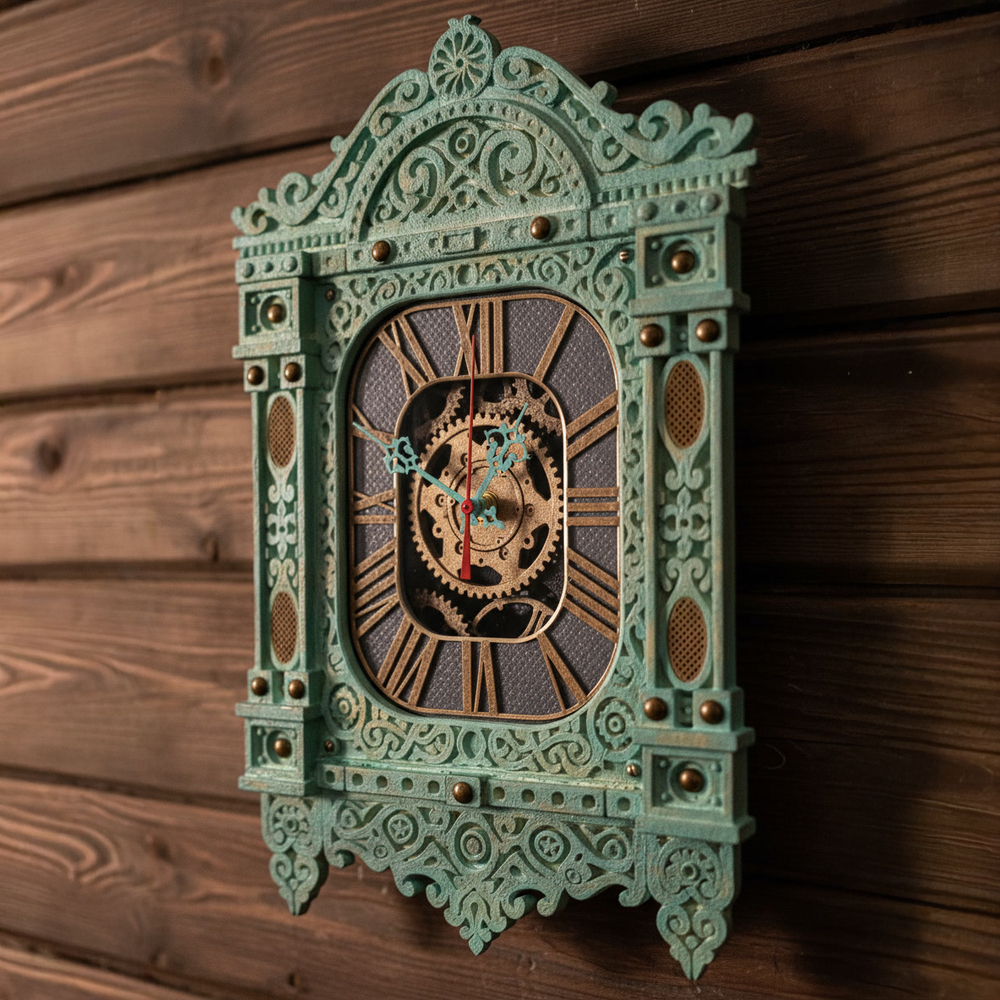 Настенные часы-наличник WOODandROOT в мятном цвете на деревянной стене, с выразительными резными деталями и мягким тёплым освещением.