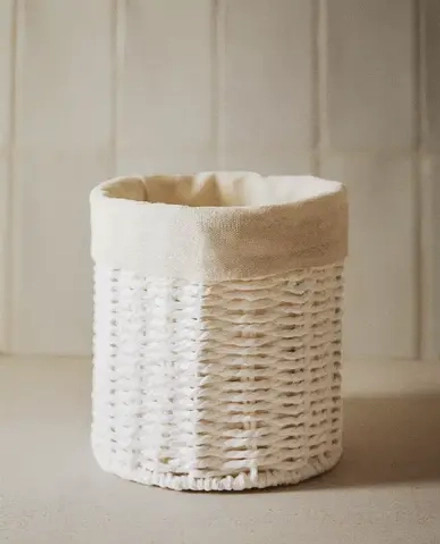 ZARA HOME КРУГЛАЯ КОРЗИНА С ПОДКЛАДКОЙ ИЗО ЛЬНА, БЕЛЫЙ