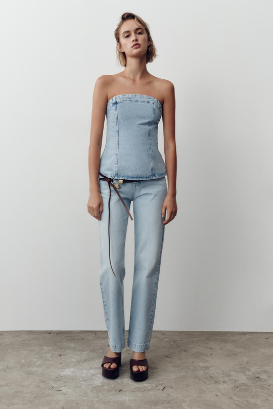 ZARA ДЖИНСОВЫЙ ТОП Z1975 БЕЗ БРЕТЕЛЕЙ, ГОЛУБОЙ