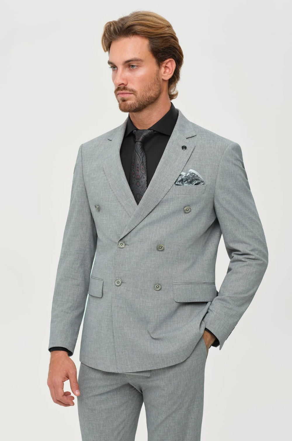 Мужской двубортный костюм (серый) Б70