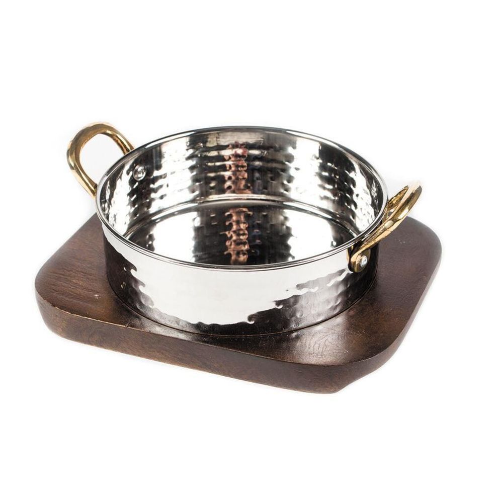 Сковорода для подачи на дерев. подст. 16 см h5,2 см 820 мл Dents круглая нерж. 2 ручки золото P.L.