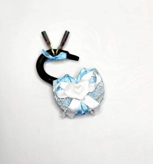 Свадебный замочек, голубой , с блёстками и кружевом